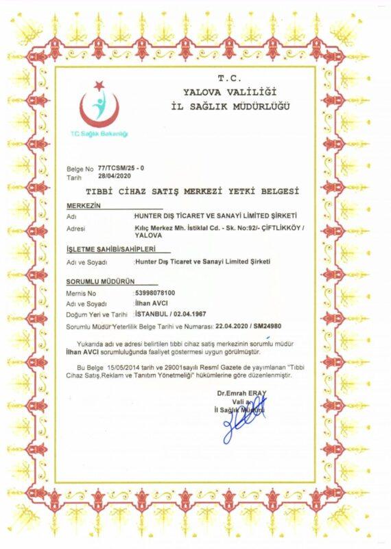 Sertifikalar 1 Üst kısmında kırmızı ve yeşil amblem bulunan ve Türkçe metin içeren sertifika. Belge, Yalova İl Sağlık Müdürlüğü tarafından Hunter Dış Ticaret ve Sanayi Limited Şirketine verilen tıbbi cihaz satış iznidir. Dr. Erwin Eray imzalıdır.