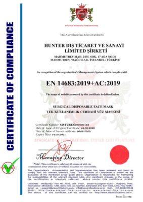 Hunter Dış Ticaret ve Sanayi Limited Şirketine EN 14683:2019+AC:2019 standardına uygunluğu nedeniyle verilen sertifika. Uluslararası Sistem Belgelendirme Sendikası tarafından verilmiştir ve 25.08.2023 tarihine kadar geçerlidir.