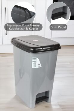 Pedallı Gri Banyo Mutfak Çöp Kovası Siyah Kapaklı Slim Pedallı Çöp Kovası 15 Litre 5 1_org_zoom